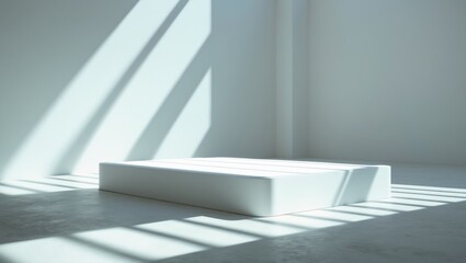 Elegant marble table with plant shadow on white wall and stone podium for product display. Modern neutral aesthetic mockup template for beauty and cosmetics setting.