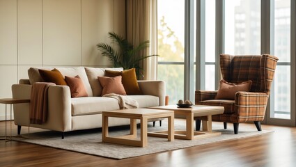 Cozy modern living room interior featuring a soft comfortable couch, warm plaid on a trendy armchair, and coffee tables. Stylish furniture enhances apartment interior design.