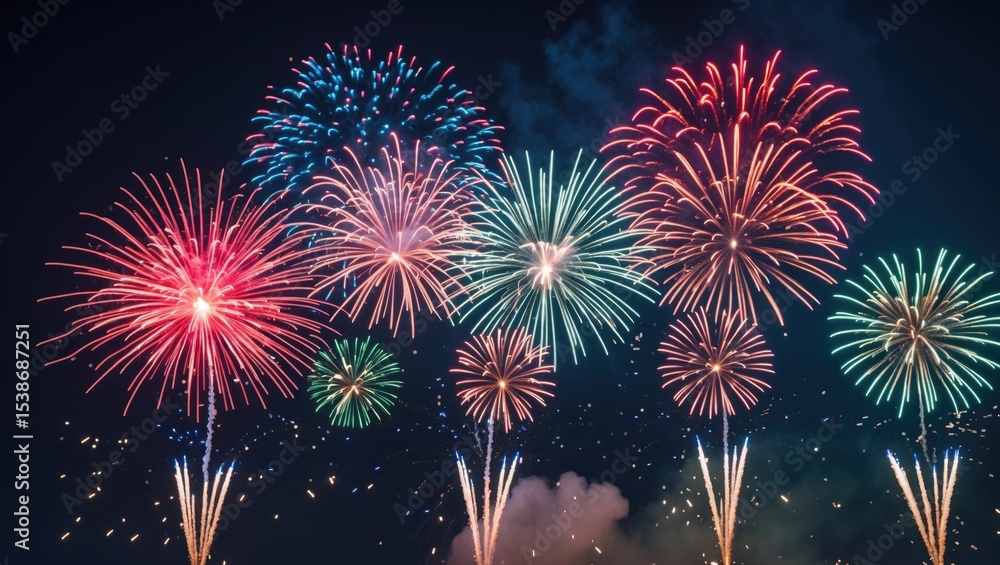 Poster brightly colorful fireworks celebrating new year and copy space abstract holiday background. firewor