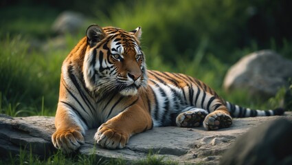 Fototapeta premium Young Bengal tiger resting on the grass, displaying its paws