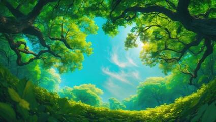 Fototapeta premium Wide shot of deciduous forest treetops with blue sky in the background