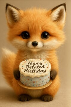 Cute cartoon fox with cake saying Happy Belated Birthday, funny sorry greeting card concept. Adorable orange baby fox holding a birthday cake with text