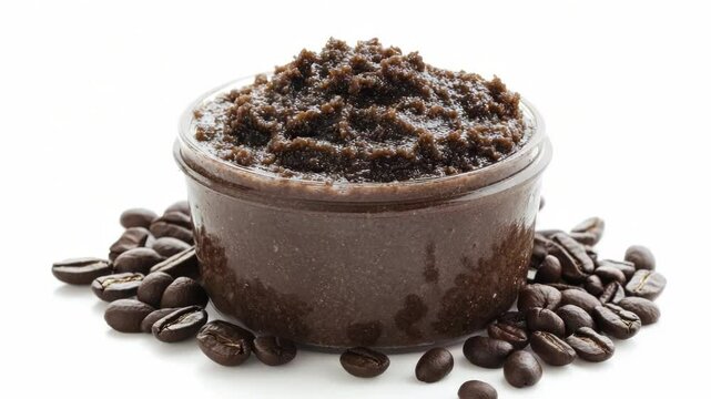 A jar of coffee scrub sits atop a pile of coffee beans, ideal for use in spa treatments or as a unique gift
