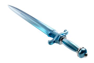 Shiny blue sword with elegant hilt on transparent background