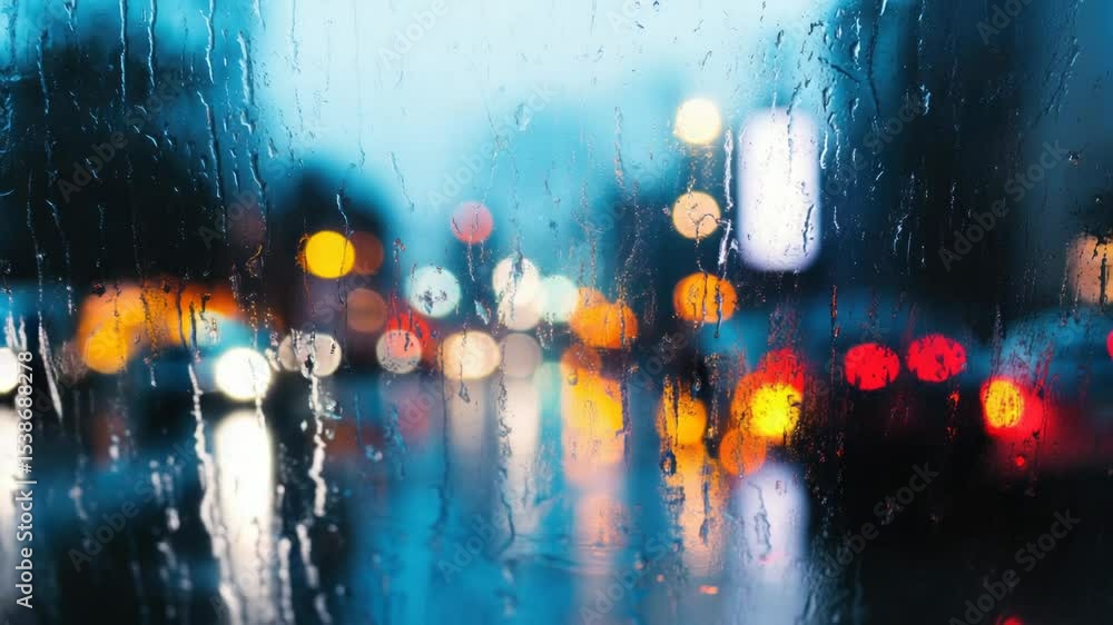 Poster a view of a city skyline through a rainy window, perfect for use in weather-related scenes or urban 