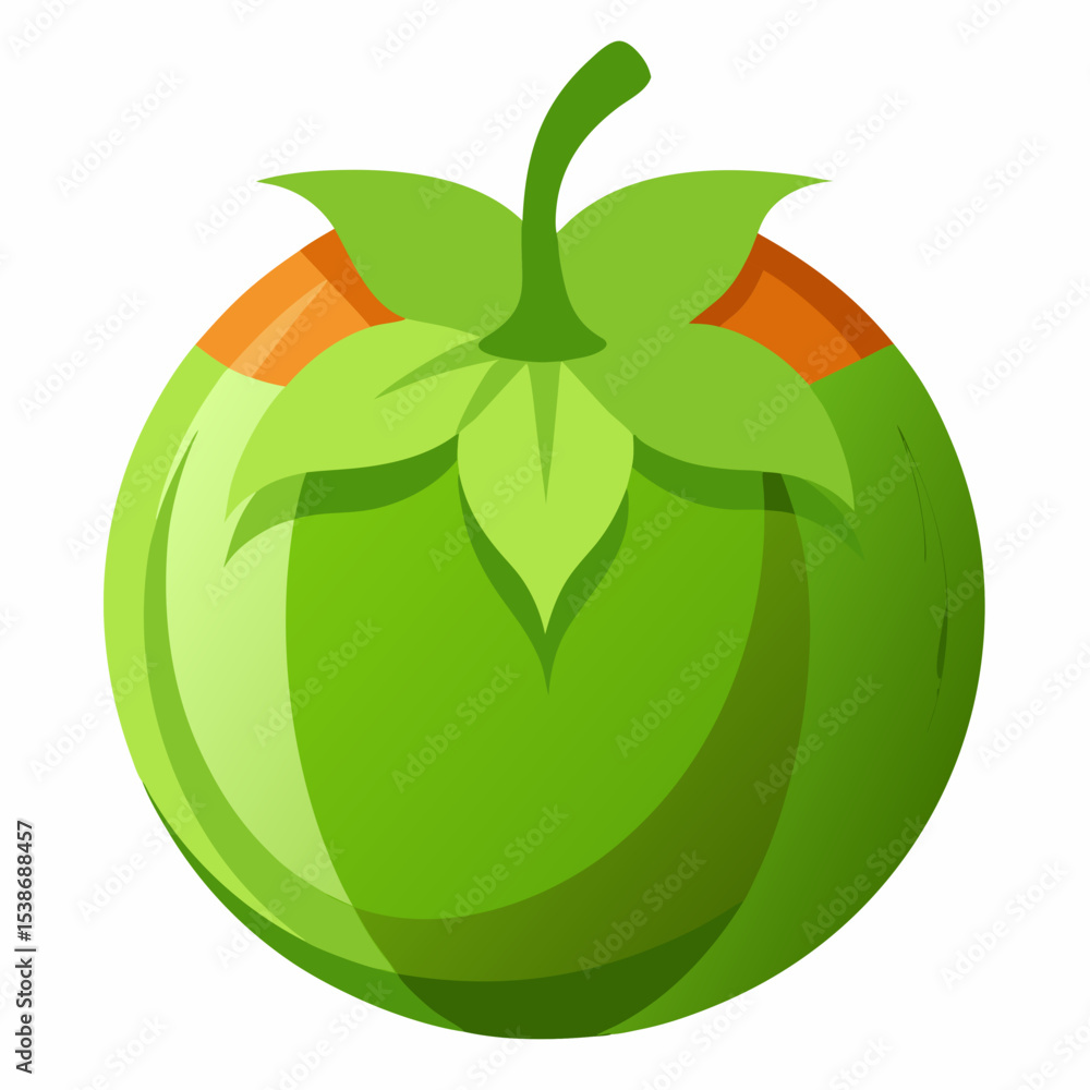 Poster illustration of a green unripe tomato with leaves and a stem showing a small patch of orange color i