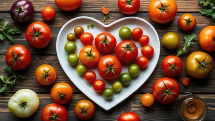 Vivid cherry tomatoes arranged in a heart shape on a rustic wooden surface