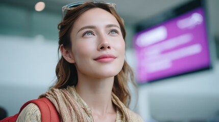 Thoughtful young woman gazes upward in an airport terminal with colorful background displays and travel anticipation on her face