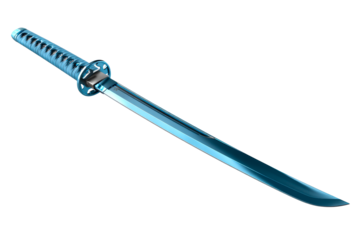 Metallic blue sword with a curved blade and detailed hilt design