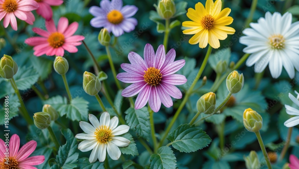 Poster vibrant blossoms with pollen structures and lush foliage in a garden setting