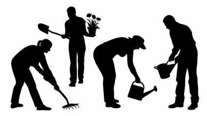 Silhouette of people gardening with shovel, rake, watering cans and potted flowers in a garden setting | eps vectors