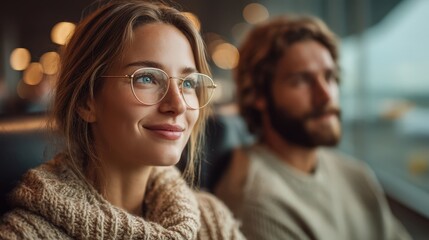 Young woman with glasses smiling indoors while seated next to man with beard in cozy atmosphere
