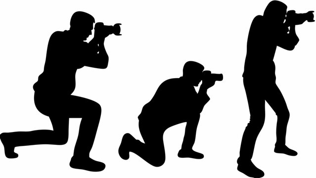 Silhouettes of three photographers in various poses taking pictures with cameras on a white background | eps vectors