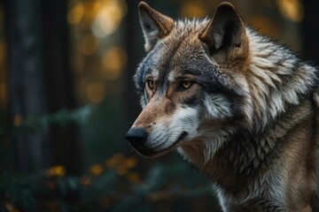 Fototapeta premium Majestic Wolf Portrait Exhibiting Detailed Fur in Natural Forest Environment