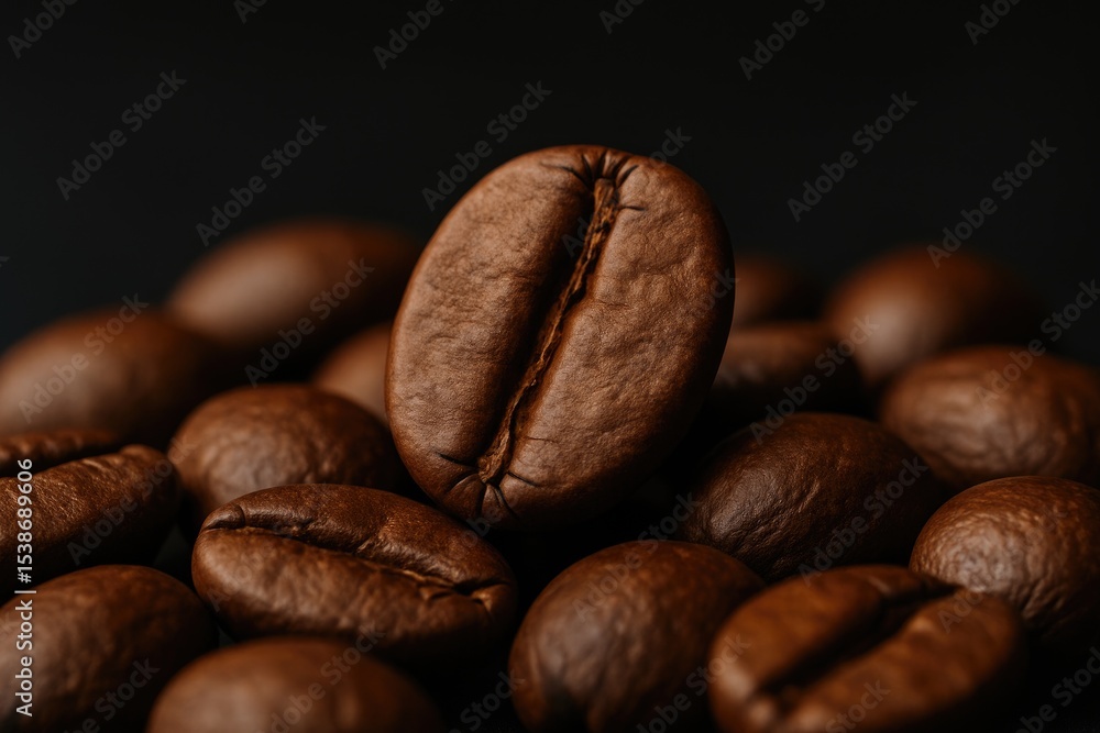 Poster detailed view of coffee beans against a dark backdrop with selective focus