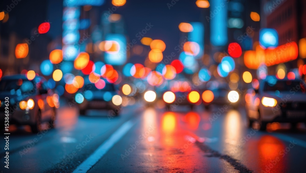 Poster vivid out-of-focus lights creating a bokeh effect during nighttime urban traffic