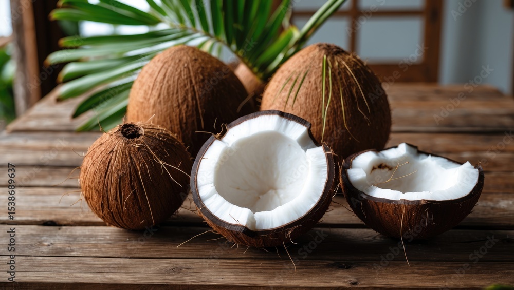 Poster fresh coconuts placed on a rustic wooden surface