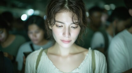 Young woman focused on smartphone screen in busy crowd, exploring technology and modern communication in urban setting