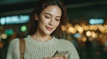 Young Woman Using Smartphone in Urban Environment with Soft Bokeh Background Lighting