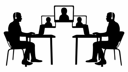 Silhouette of two people in a video conference on laptops with three screens showing other people | eps vectors