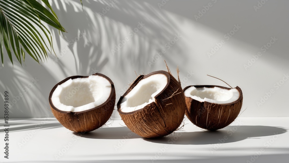 Aufkleber Full and sliced coconut displayed on a plain white surface with gentle shadows