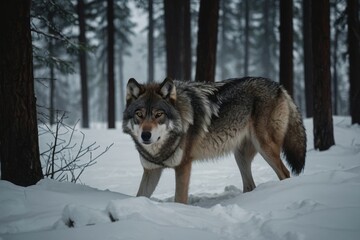 Naklejka premium Lone wolf standing in snowy woodland winter environment