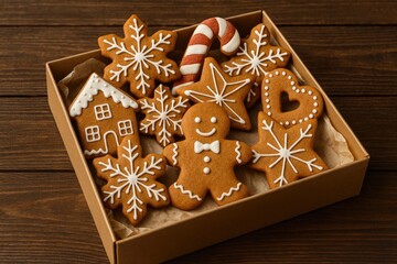 Assorted gingerbread treats arranged in a box on a rustic wooden surface