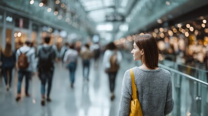Woman Walking in Modern Shopping Mall with Blurred Background and Bright Interior Design
