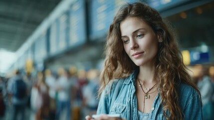 Young woman using smartphone at busy airport terminal, digital connectivity, travel lifestyle, casual style, social interaction