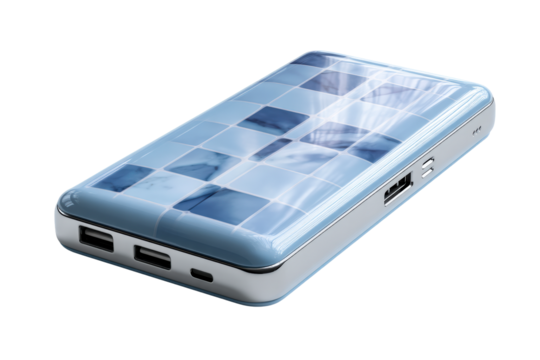 Stylish power bank with geometric pattern on transparent background