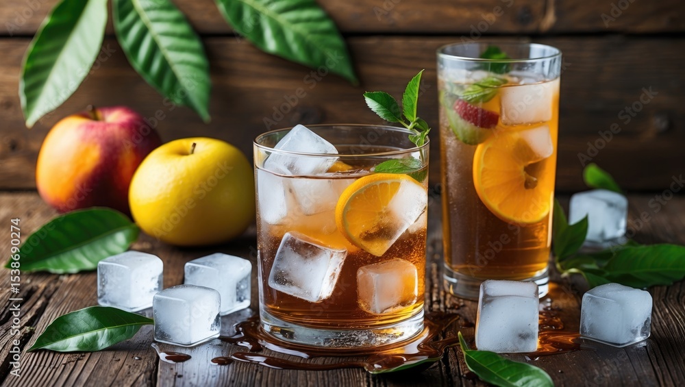 Poster chilled spirits with ice chunks on a rustic wooden surface