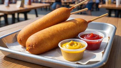 Two golden brown corn dogs with ketchup and mustard