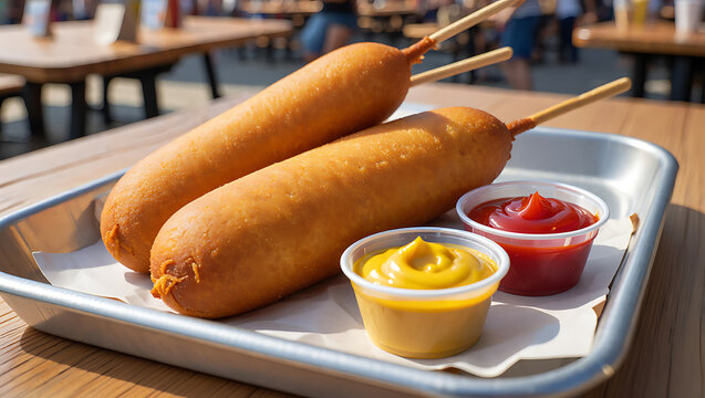 Two golden brown corn dogs with ketchup and mustard
