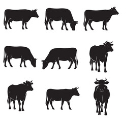 Detailed Black Line Silhouettes of Nine Cows for Creative Use in Village Scenes, Agriculture Promotion and Dairy Labeling