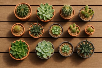 Assorted succulent plants arranged on a wooden patio