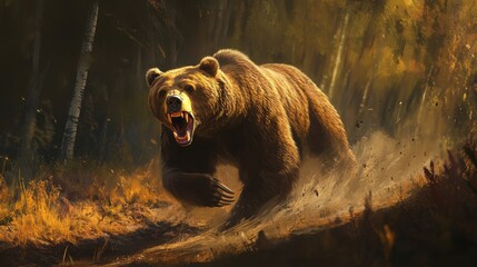Intense Encounter: A Grizzly Bruin Growls Ferociously While Sprinting Down a Forest Trail, Emanating Fear and Danger