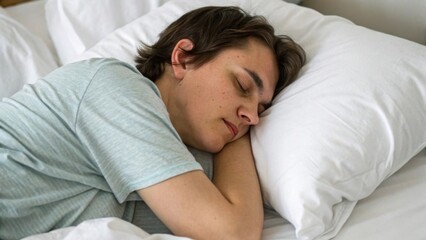 Sleeping person in a cozy bed surrounded by pillows.