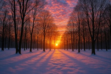 Vibrant evening sky over a wooded area or wintery snowy landscape