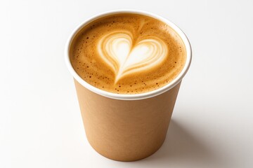 Close-up of a paper cup filled with frothy coffee on a white background