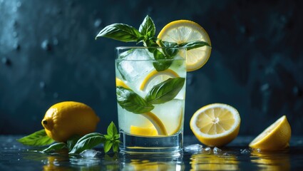 Fresh cocktail with basil, lemon, and ice cubes enjoyed fresh. Homemade lemonade with lemon and basil, refreshing and natural.