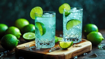 Refreshing cocktail with soda and lime displayed on a wooden background.