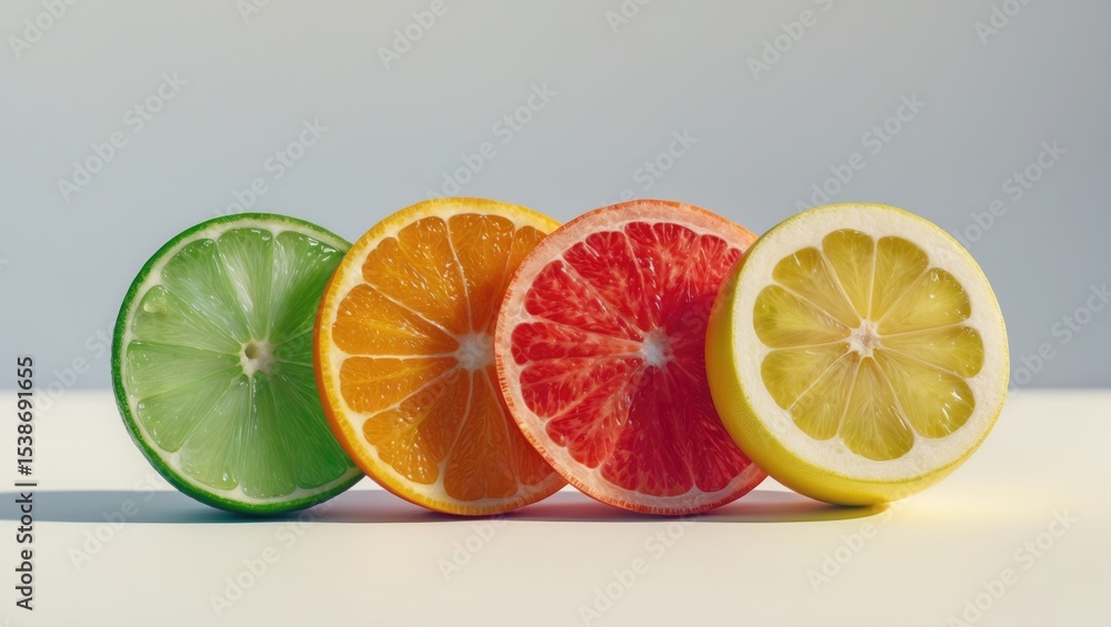 Poster four vibrant and distinct citrus slices displayed on a white background. the file includes a clippin