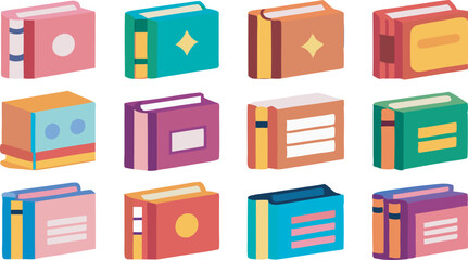 A diverse collection of images showcasing open and closed books from multiple angles, perspectives, and arrangements for creative design use