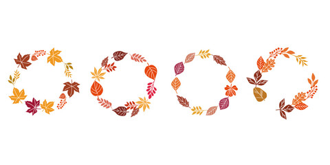 Set of autumnal wreath. Colorful autumnal leaves decoration. autumn round frame collection. Vector illustration.