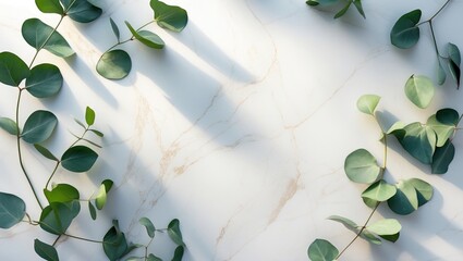 Wedding invitation card mockup featuring a frame made of eucalyptus leaves on a marble background, minimal style.
