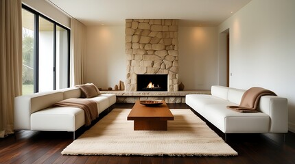 Fototapeta premium A living room with two white sofas facing each other and a stone fireplace and a wooden coffee table