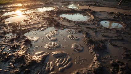 High quality photo of footprints in muddy water, mud, rain, dirt, and nature.