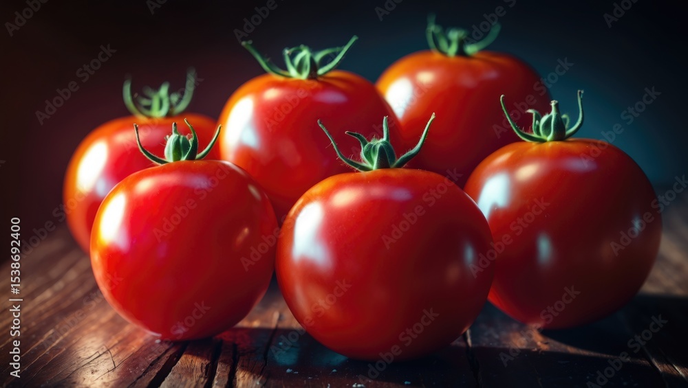 Poster four shiny vivid red tomatoes levitate against front background with invisible shadow, creating a ma
