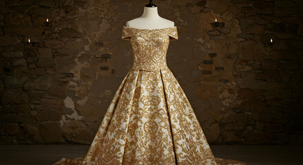 Golden Embroidered Ball Gown Off Shoulder Wedding Dress Bridal Gown
