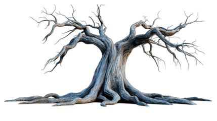 Gnarled, leafless tree, ghostly blue, against black background